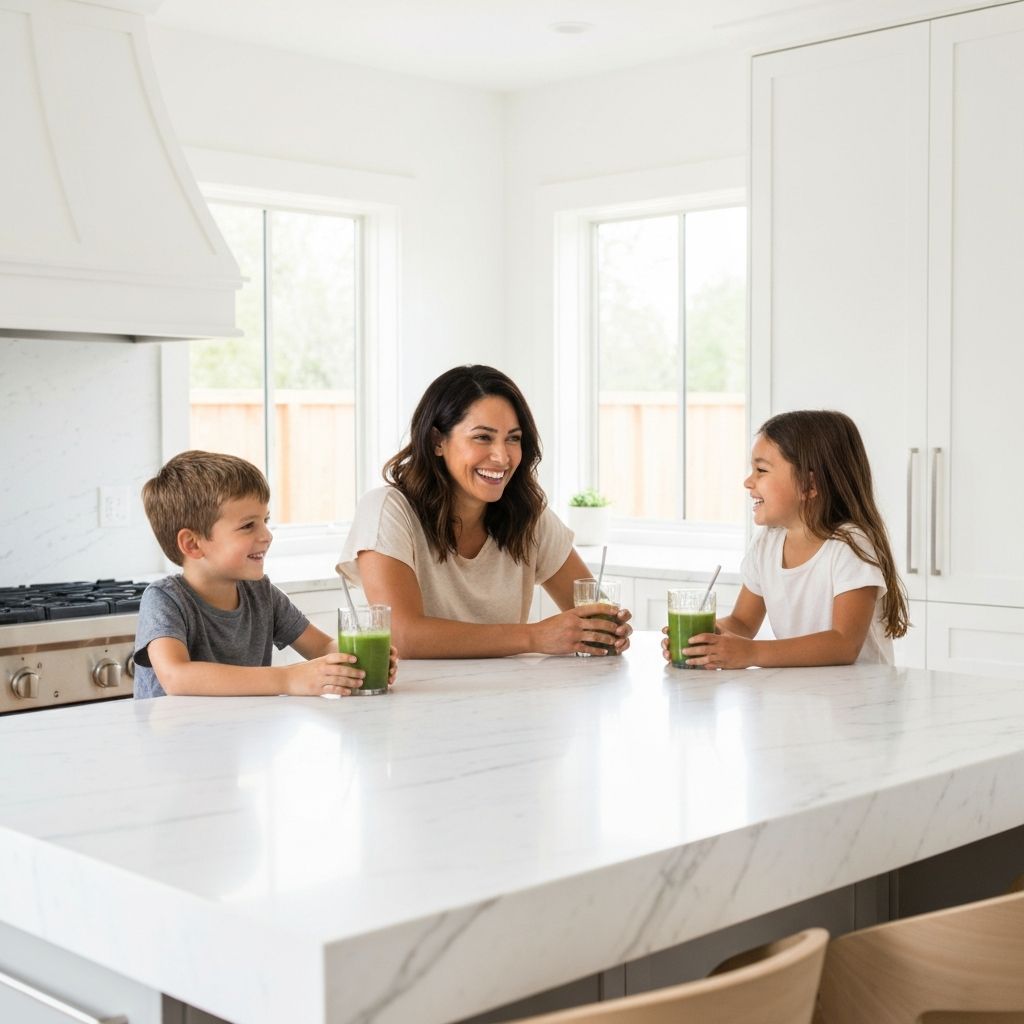 A mother and kids enjoying healthy green smoothies in a bright white kitchen